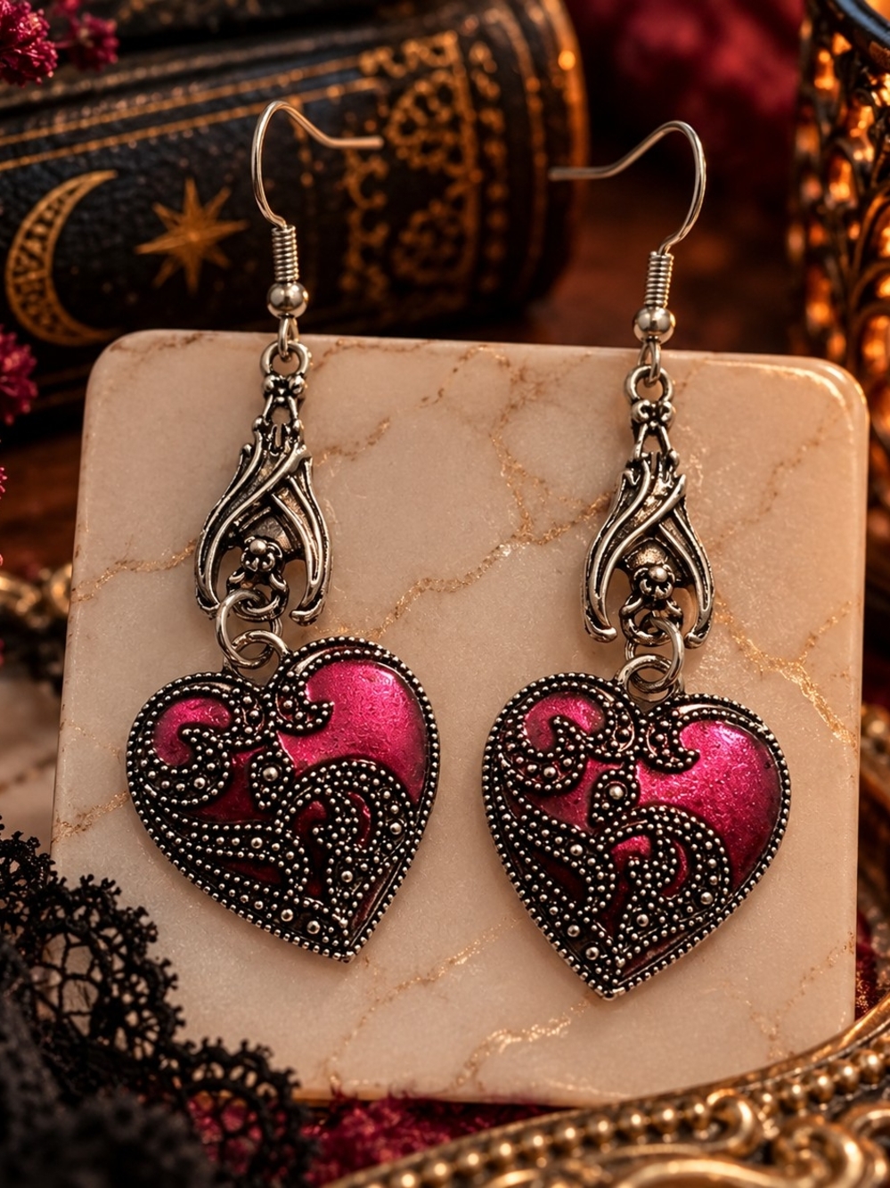 Silver Tone Metal Red Heart Filigree Dangle Earrings Goth New